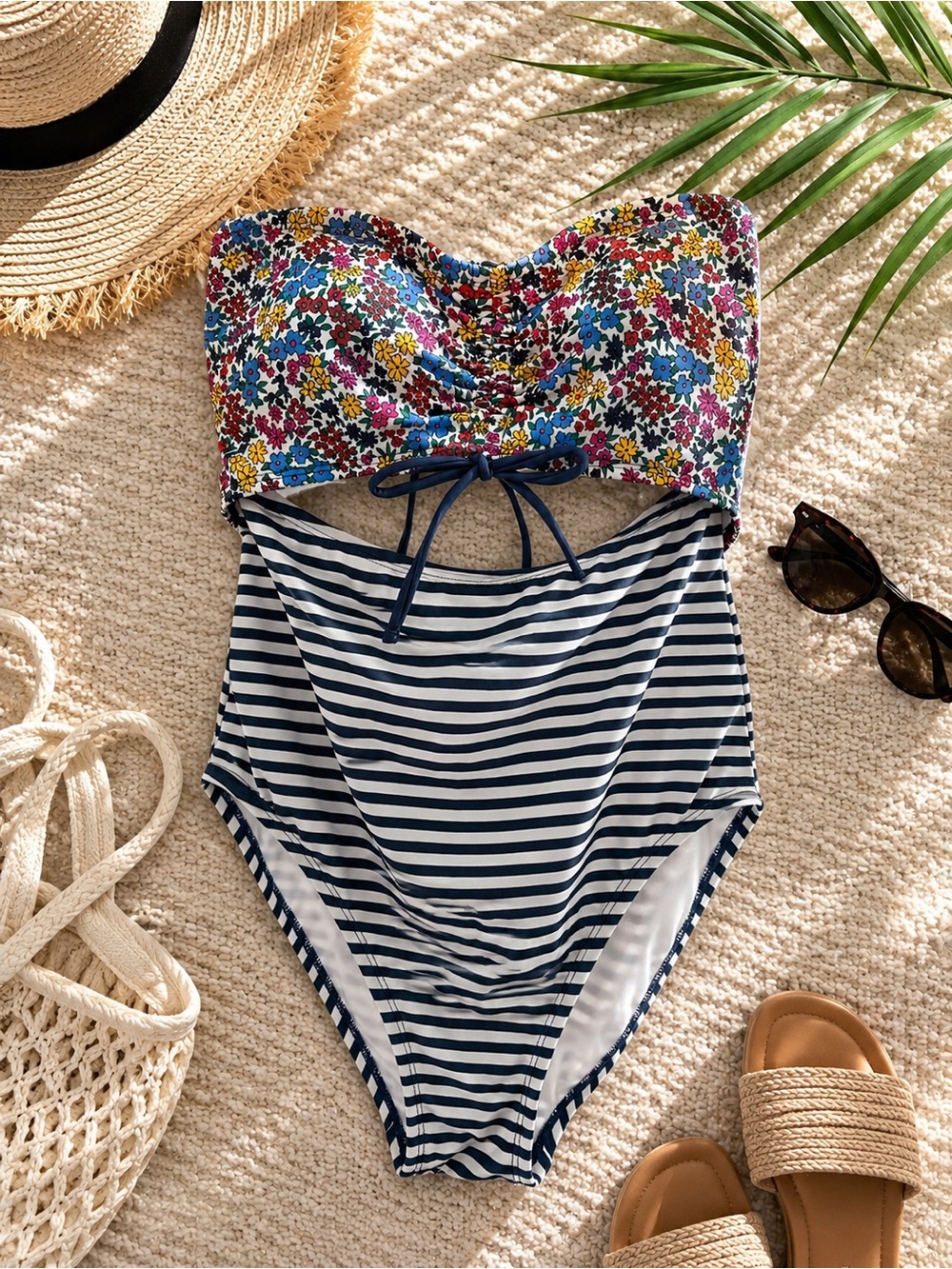Floral & Navy Striped Girls' One-Piece Swimsuit